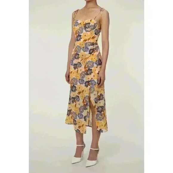 Tie Shoulder Bustier Smocked Split Floral Vacation Midi Slip Dress - Size M - Picture 1 of 15